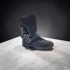 Blowfish Malibu Womens Black Faux Fur Lined Moto Boots Braided Buckle Size 7